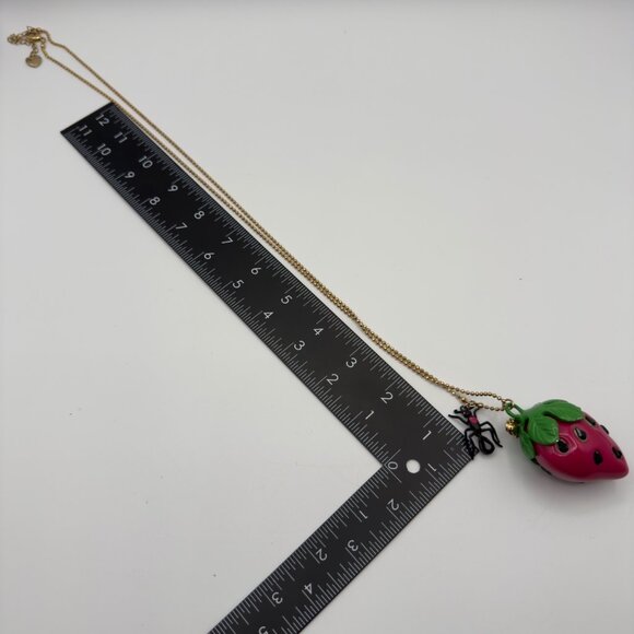 Betsey Johnson Picnic Strawberry Ant Pendant Necklace Pink Crystal Ball Chain - Picture 14 of 15